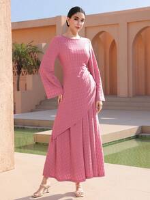 Graceveil Women's Elegant 2-Piece Set: Solid Color Round Neck Jacquard Textured Irregular Hem Top And Flared Skirt - Hot Pink - View 6