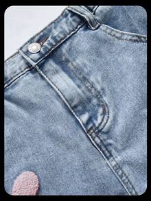 SHEIN Jeans de pierna ancha con lavado desgastado, estampado de flores y efecto de flocado de copo de nieve, estilo años 90 para niña - Azul - Ver 4