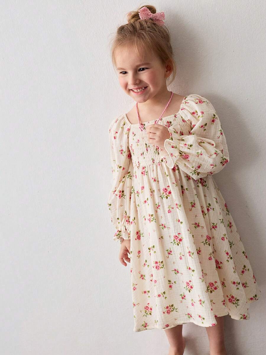 Maija Kids Young Girl Rose Print Puff Sleeve Casual Long Sleeve Dress,Kids - Apricot - View 1