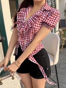 K-Vae Women's Checkered V-Neck Blouse With Ruffle Puff Sleeves, Cinched Waist, Sweet & Spicy Style, Summer - Multicolor - View 5