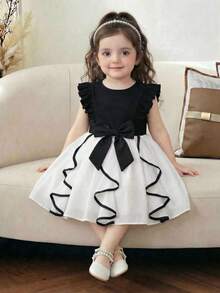 SHEIN 女婴时尚优雅连衣裙，圆领荷叶袖，波浪前摆，迷人风格，适合派对、休闲、送礼，春夏皆宜 - 彩色 - 查看 1