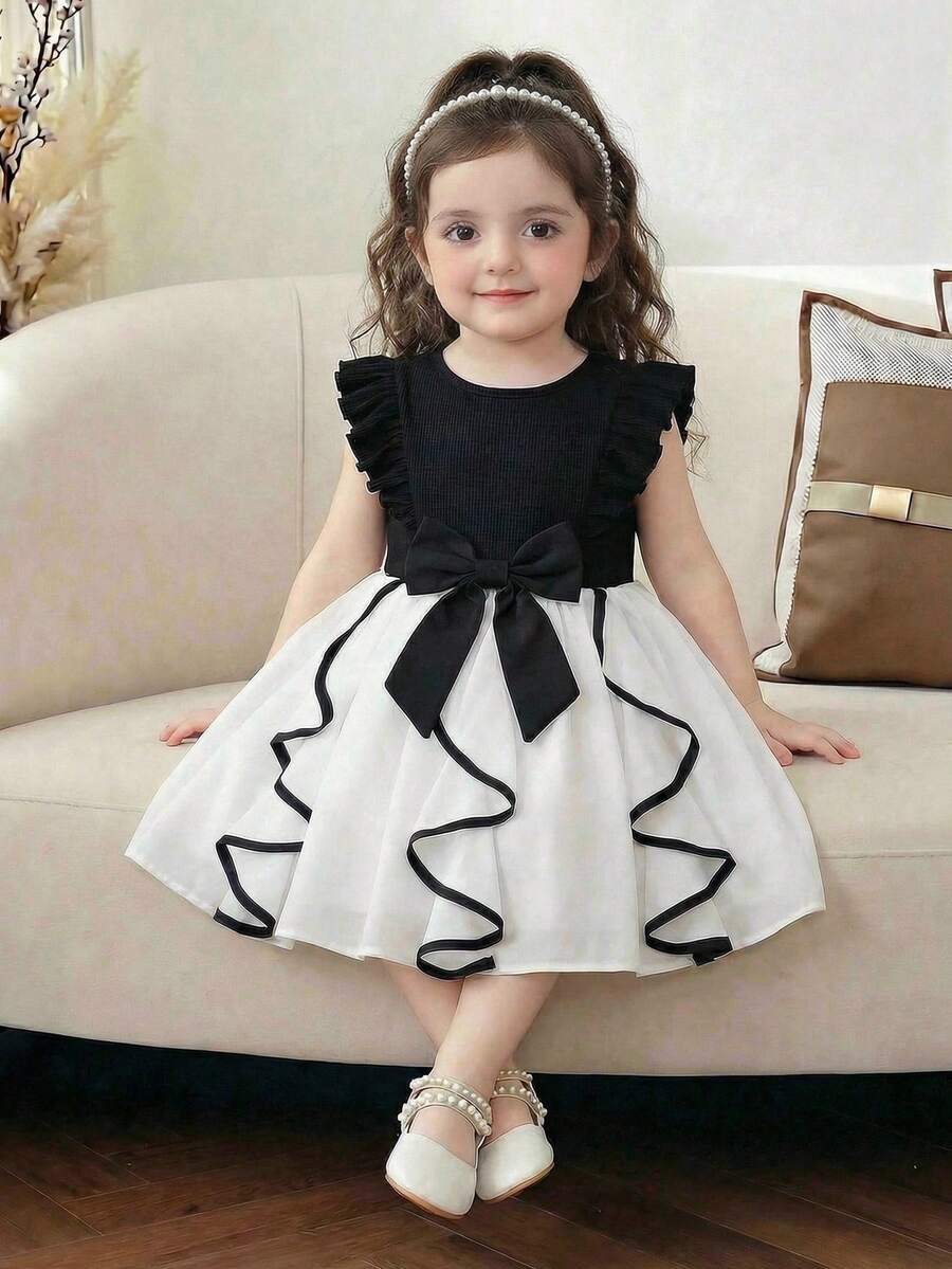 SHEIN 女婴时尚优雅连衣裙，圆领荷叶袖，波浪前摆，迷人风格，适合派对、休闲、送礼，春夏皆宜 - 彩色 - 查看 1