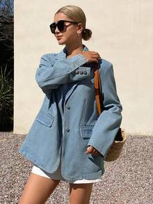 DAZY 女士翻领牛仔夹克，休闲宽松水洗牛仔夹克 - 中等水洗藍 - 查看 5