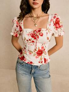 Poéselle Women's Floral Print Twist Design Ruched Casual Everyday Petal Sleeve Blouse,Red Top,,Going Out Top, Summer Holiday Top,Vacation Outfits Women,Country Style For Women ,Perfect For Vacation, Travel, Weekend, And Tea Break Wear,Spring/Summer,Summer Top Tops For Women Summer Cute Latest Tops For Women New Arrivals Tops For Women Girly Tops For Women Affordable Tops For Women - Apricot - View 5