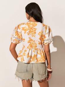 Poéselle Women's Vintage Floral Puff Sleeve Peplum Blouse With Lace Insets,Button-Front Cottagecore Top,Orange And White,Summer,Boho,Vacation,Holiday Resort - Multicolor - View 8