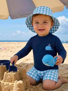 男女宝宝两件套可爱鲸鱼图案蓝色格子泳衣，防晒泳装，适合海滩度假游泳 - 藏蓝色 - 查看 1