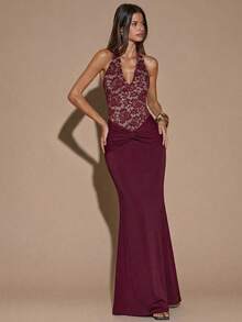 SHEIN BAE Đầm đen không tay ren cổ chữ V sâu, hở lưng gợi cảm, kiểu đuôi cá thanh lịch dành cho nữ, thích hợp cho đám cưới, phù dâu, khách dự đám cưới, tiệc cocktail, hẹn hò lãng mạn, họp mặt, sự kiện trang trọng. - Màu Đỏ Sâu - Xem 6