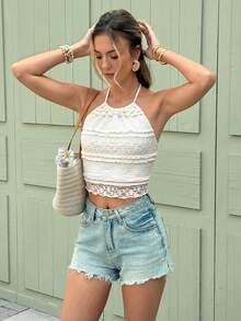 SHEIN Frenchy Áo hai dây ren phối màu thoải mái cho nữ mùa hè, thích hợp cho kỳ nghỉ. - Màu be - Xem 1