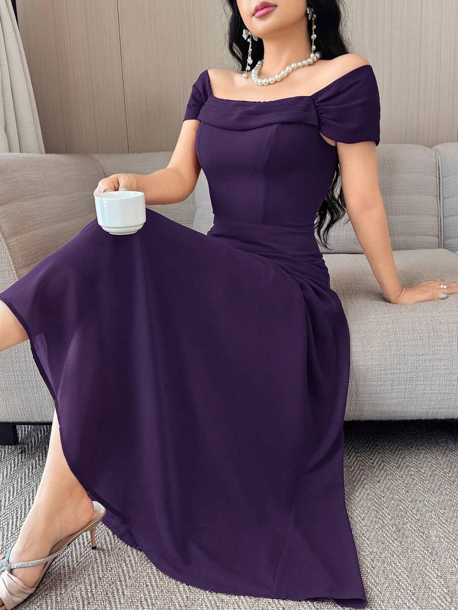 Feyla 女士纯色优雅短袖连衣裙 - 紫色 - 查看 1