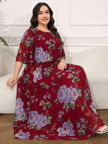 SHEIN Clasi Plus Size Elegant Geometric Print Chiffon Ruffle Hem Dress, Summer - Burgundy - View 7