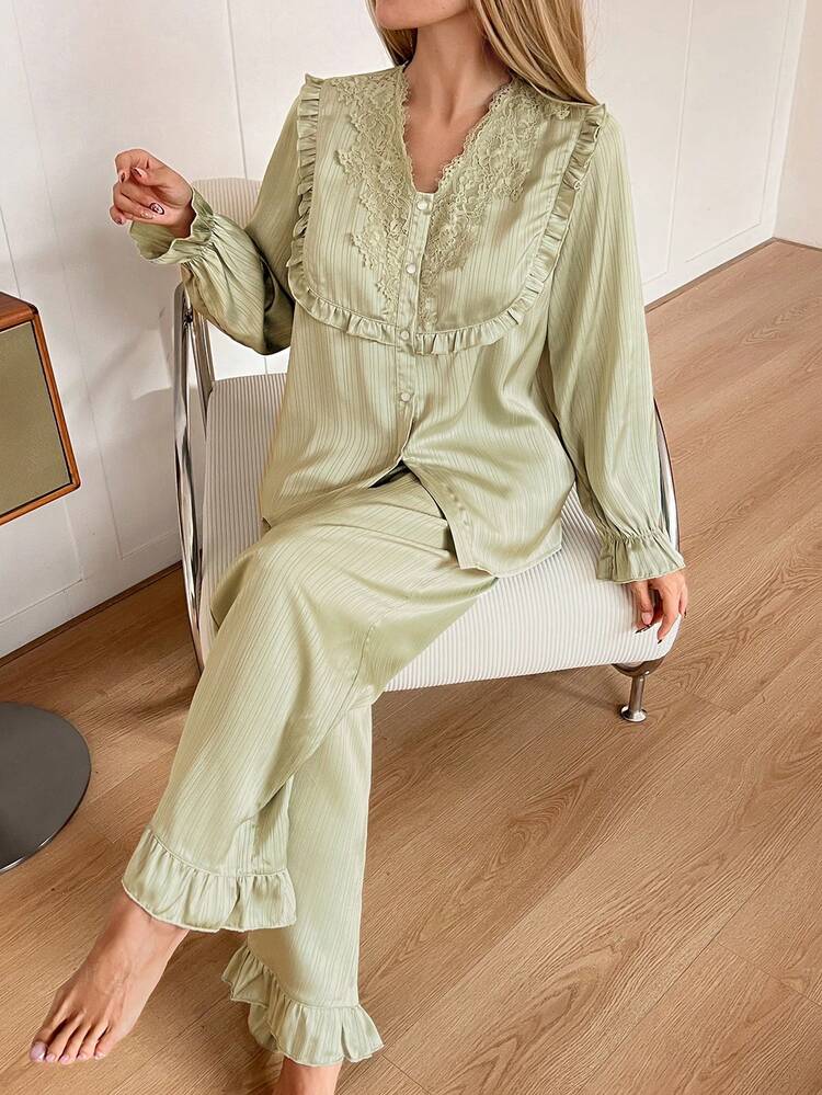 Charming Lace Trim Ruffle Decor Striped Jacquard Satin Women Pajama Set