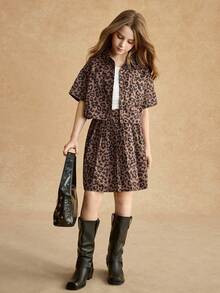 SHEIN Sparklyn Tween Girls Leopard Print Outfit, Includes Loose Fit Top And Skirt, Soft Fabric, Streetwear Style, Suitable For Casual Daily Wear, Street Fashion Photoshoot And Gatherings - Coffee Brown - View 4