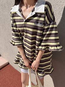 FRIFUL Women's Polo Collar Ruffle Hem Loose Colorful Striped Patchwork Short Sleeve T-Shirt, Summer Oversized Graphic Tees Women - Multicolor - View 7