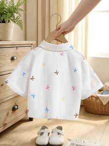 SHEIN 年轻女孩度假海滩休闲百搭刺绣镂空白色宽松短袖衬衫，假日，夏季，旅行 - 白色 - 查看 2