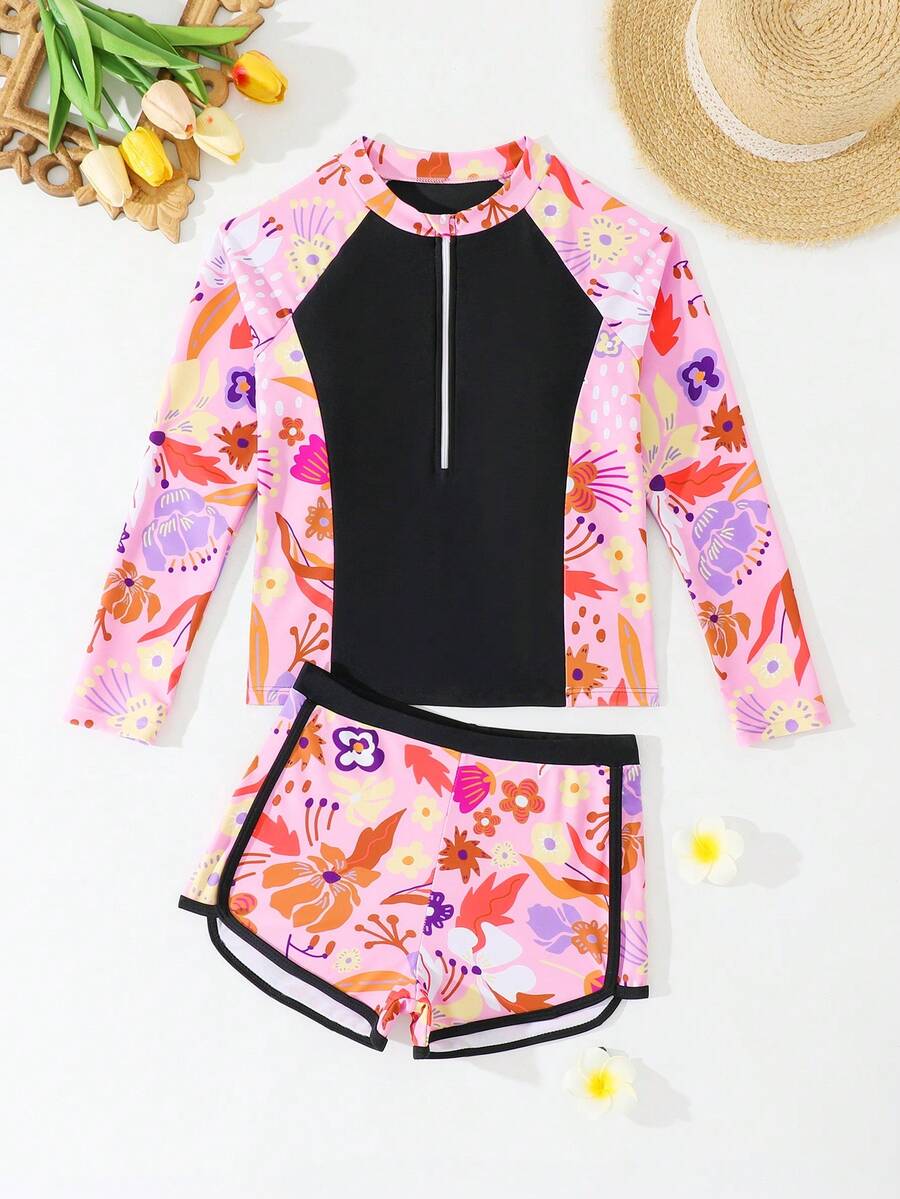 SHEIN Tween Girls Pink Cute Floral Print Long Sleeve Rash Guard Swimwear,Zipper Front Tankini Set With Shorts,Fashionable Summer Holiday Beach Swim Suit - Multicolor - View 1