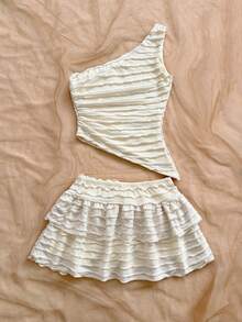 Soleia 2 Stück/Set Urlaubs Damen asymmetrischer Saum Crop Top mit Metall Dekor und geschichteter Rüschen Mini Rock, Bohemian, Boho, romantisch florales, Urlaubs, floraler Stil für Party, Date, Valentinstag, Musikfestival, Karneval, Nachmittagstee, Strand, Kreuzfahrt, Städtereise, Hochzeitssaison, Metall Accessoires, Sommer Outfit - Aprikosenfarben - Übersicht 2