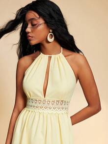 Travachic Đầm nữ tối giản màu trơn phối ren, hở lưng, cổ yếm, trang phục đi nghỉ xuân hè, đầm hè, đầm đi biển, trang phục đi biển cho nữ, trang phục nghỉ mát cho nữ, đầm thường ngày cho nữ, đầm màu vàng. - Màu vàng - Xem 3