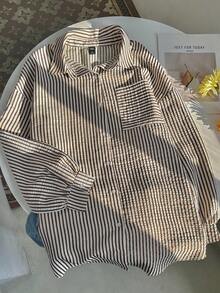 SHEIN CURVE+ Áo sơ mi nữ cỡ lớn in sọc, vai rớt, có túi và họa tiết thêu. - Nhiều màu - Xem 5