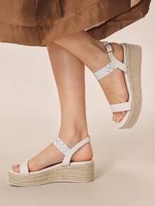 Styleloop Women's Fashion Solid Color Woven Casual Platform Wedge Sandals, Rhinestones Decorated Bohemian Vacation Style Vintage French Canvas Slope Heel Platform Ankle Belt Sandals, Western Style, Music Festival Party Clothing, Holiday Atmosphere, Summer Wear, Travel Essentials - White 4 - View 3