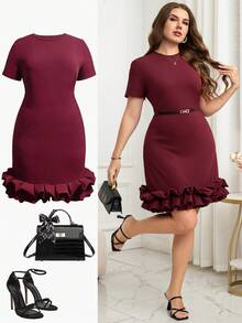 Gownix 大码女式纯色圆领短袖荷叶边下摆优雅连衣裙 - 酒紅色 - 查看 1