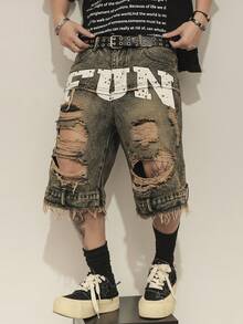 STEELVANCE Men's Casual Street Washed Distressed Letter Print Denim Shorts, Summer - Light Wash - View 6