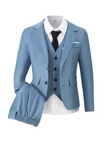 SHEIN Boys Elegant Formal Suit Set, 4 Piece Slim Fit Blazer Vest White Shirt & Trousers For Wedding Prom Graduation Birthday Party Church Performance Spring Summer Fall All Formal Events - Dusty Blue - View 8