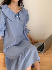 DAZY Lovely Contrast Color Ruffle Embroidered Hem Midi Nightgown For Women Pajamas - Blue - View 7