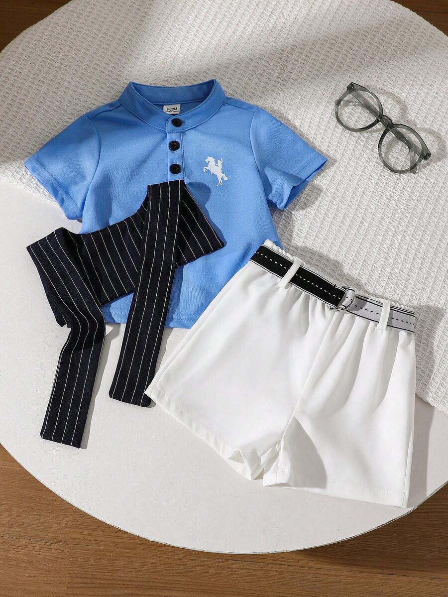 SHEIN 男宝宝三件套舒适休闲百搭日常时尚简约风套装,包括红色领短袖T恤POLO针织衫、白色条纹披肩、白色短裤及腰带,多件套制服正装,适合室内、室外、日常、运动、玩耍、派对、拍照、度假、节日、婚礼、迎婴派对、洗礼和一周岁生日庆祝等场合,春夏皆宜。 - 彩色 - 查看 1