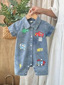 SHEIN Vintaside Kids 男婴卡通汽车恐龙印花短袖连体衣，夏季 - 藍色 - 查看 4