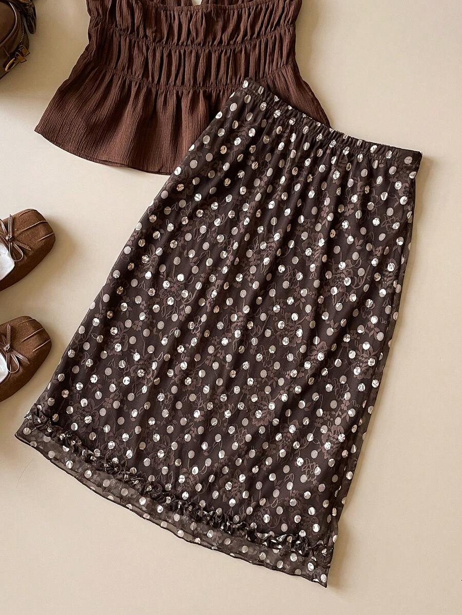 Muvela New Spring/Summer Coffee Brown Polka Dot Textured Lace Fabric Elastic Waist Adjustable Hem Ruffle Trim Design Women's Skirt, Versatile For Summer Outfits - Brown - View 1