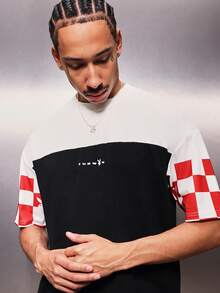PLAYBOY X SUMWON Flame Logo Color Block Short Sleeve Crew Neck Regular Fit Number 53 Varsity Style Graphic Back Print Cotton Casual Streetwear Summer Weekend Wear - Black - View 5