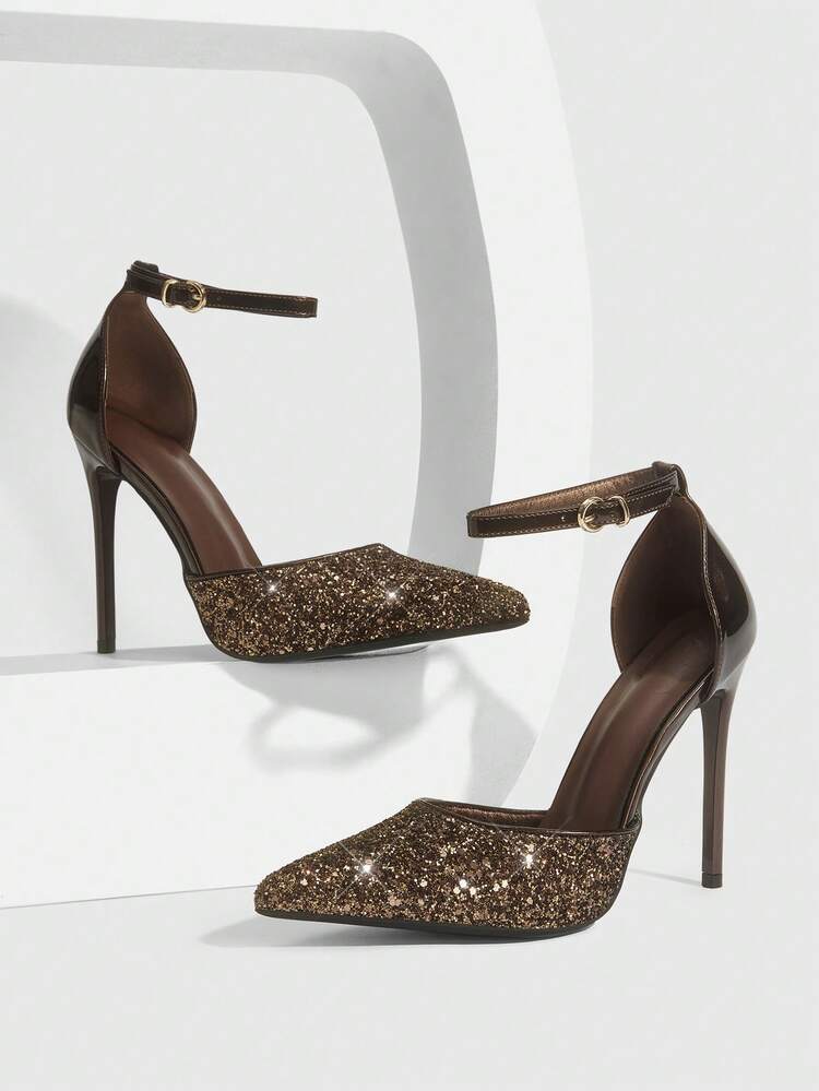 CUCCOO SZL Women Shoes Pointed Thin High Heel Light Coffee Shiny Glitter Ankle Strap Women's Hollow Shoes Fashion Sexy Dinner Party Nightclub And Other Occasions Women's High Heel Shoes Women's Shoes