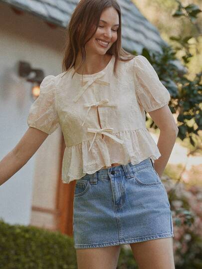 WESTFADE Round Neck Short Puff Sleeve Ruffle Peplum Tie Front Floral Embroidered Scalloped Babydoll Top Spring, Resort Wear, Summer, Vacation, Beach, Festival, Stagecoach, Coachella, Casual, Cute, Boho, Nashville, Cowgirl, Rodeo, Country Concert Outfit, Western Wear For Women