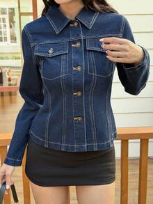 DAZY Women's Slim Fit Solid Color Denim Jacket, Suitable For Summer Vacation Y2k - Medium Wash - View 7