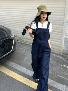 DAZY 女士宽松休闲时尚街头风系带吊带裤，收腰设计，宽松版型，直筒牛仔背带裤/连体裤，春夏款 - 深色水洗藍 - 查看 5