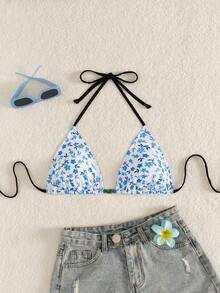 Swim Mod 女士夏季度假休闲沙滩碎花泳衣上装，比基尼挂脖串珠泳衣套装 - 彩色 - 查看 1