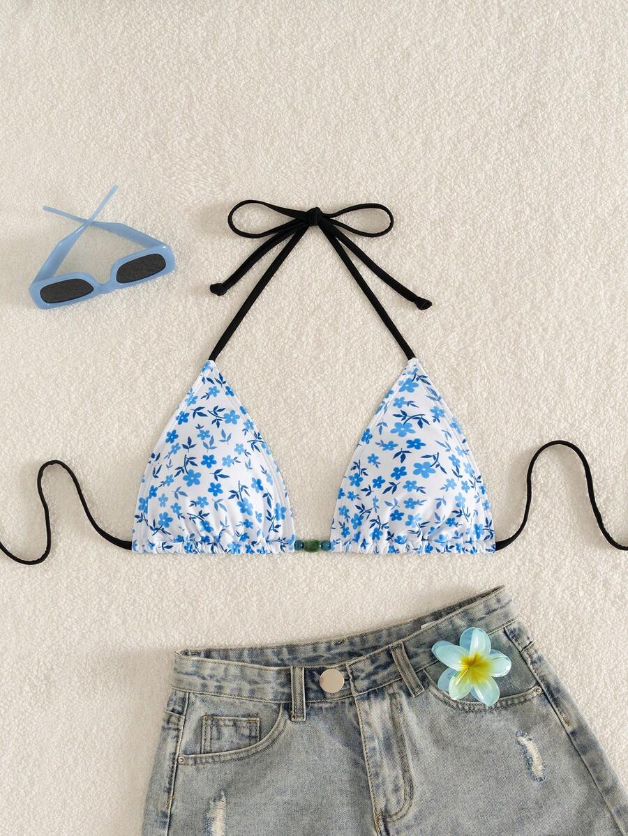 Swim Mod 女士夏季度假休闲沙滩碎花泳衣上装，比基尼挂脖串珠泳衣套装 - 彩色 - 查看 1