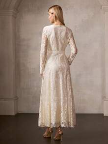 MOTF PREMIUM ELEGANT EMBROIDERED MESH LONG DRESS WITH BELT - Apricot - View 3