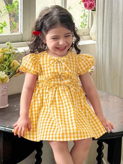 LMoss Kids Baby Girl Woven Plaid Round Neck Petal Sleeve Fitted Casual Dress