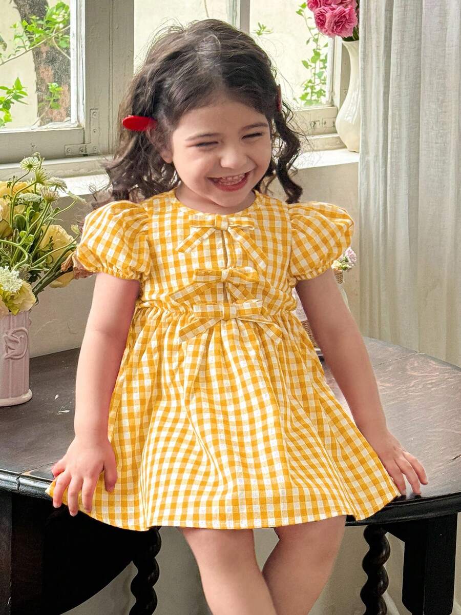 LMoss Kids 女婴格子圆领花瓣袖修身休闲连衣裙 - 黃色 - 查看 1