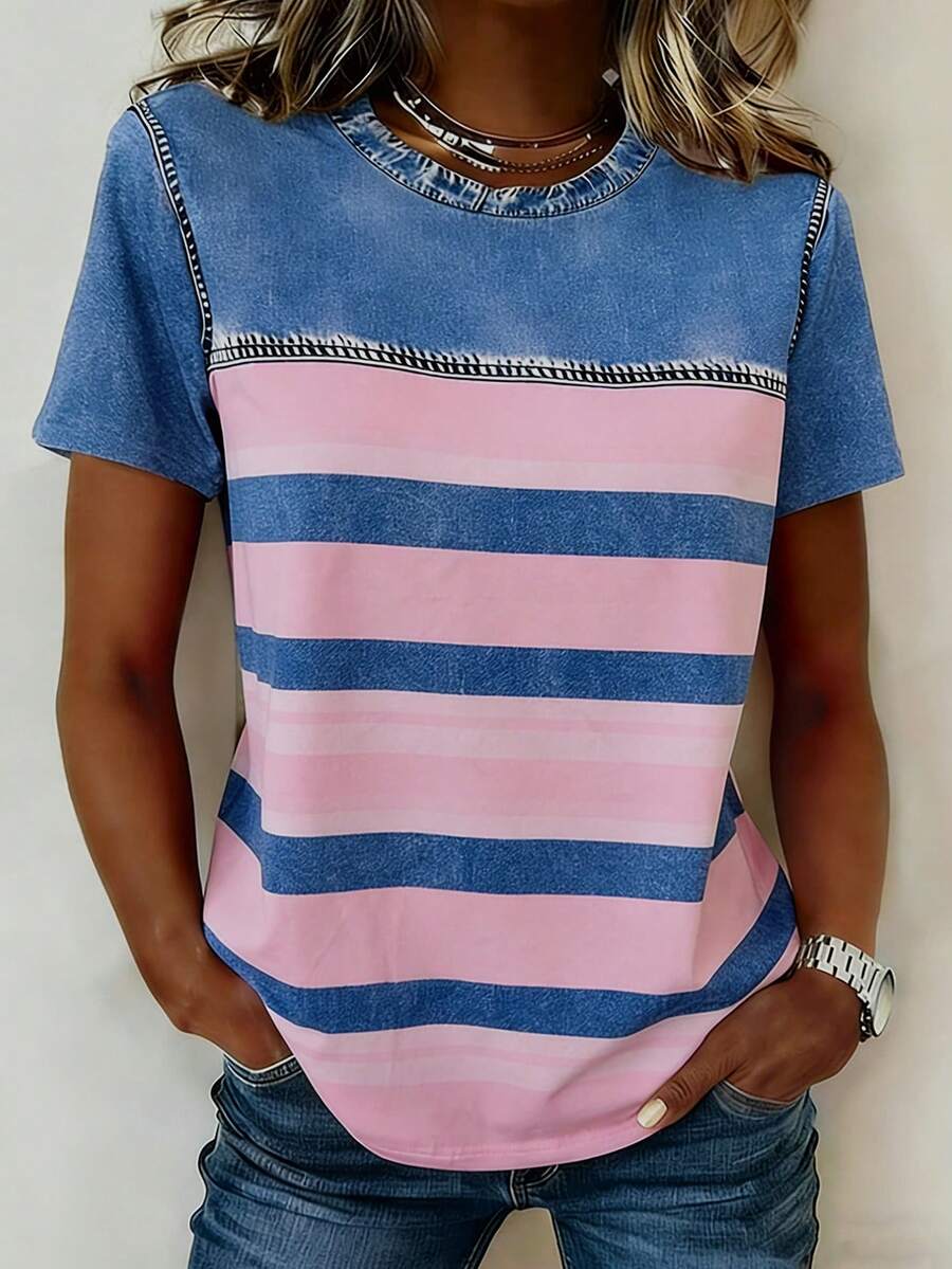 EMERY ROSE Crew Neck Raglan Short Sleeve Striped Casual Loose T-Shirt, Summer - Multicolor - View 1