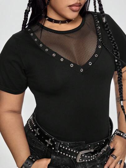 ROMWE Grunge Punk 加大码朋克金属铆钉设计网纱拼接紧身短袖T恤