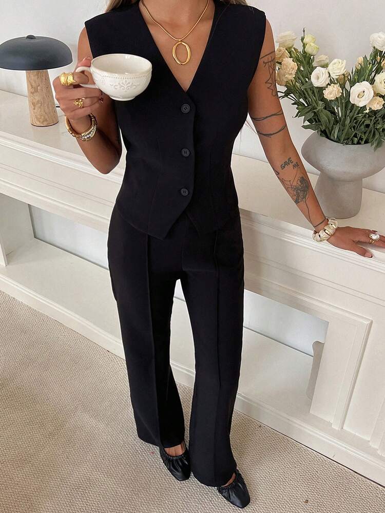 1 Set Women's Sleeveless V-Neck Solid Color Top And Casual Pants