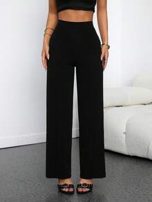 SHEIN PETITE Quần ống rộng dáng suông, màu trơn, thiết kế tối giản, kiểu dáng thường ngày, có khóa kéo phía sau. - màu đen - Xem 2