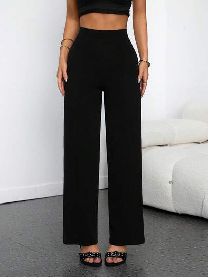 SHEIN PETITE Solid Color Minimalist Design Casual Straight Loose Zipper Back Pants