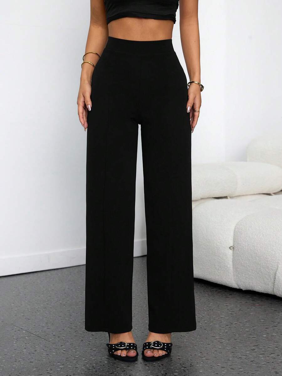 SHEIN PETITE Quần ống rộng dáng suông, màu trơn, thiết kế tối giản, kiểu dáng thường ngày, có khóa kéo phía sau.