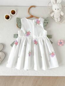 Cozy Pixies Đầm bé gái cổ tròn tay ngắn, eo thắt, phối màu tương phản với nơ, đa năng và thoải mái. - màu xanh lá - Xem 2