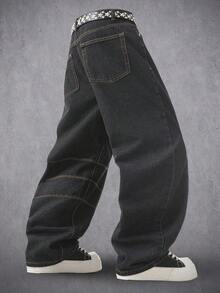 Manfinity Denimwave Jeans de mezclilla negra desgastada con efecto de bigotes de gato para hombre - Negro - Ver 2