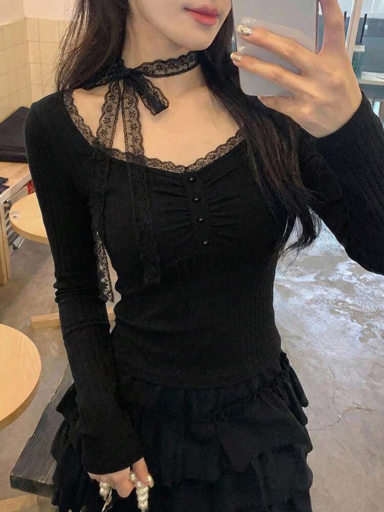 Women's Elegant Lace-Up Long Sleeve T-Shirt, Suitable For Spring And Autumn