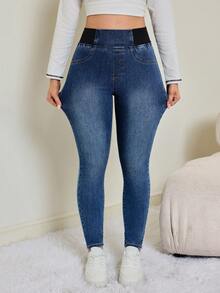 SHEIN Tall Women's Casual Washed High Waist Slim Fit Jeans Autumn/Winter Elastic Waistband High-Stretch Comfort Fabric Dark-Wash Skinny Jeans - Medium Wash - View 4